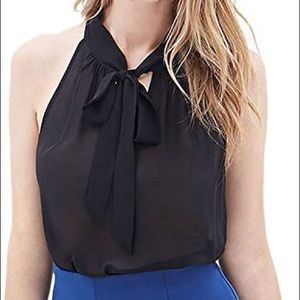 Black sleeveless tie-neck blouse